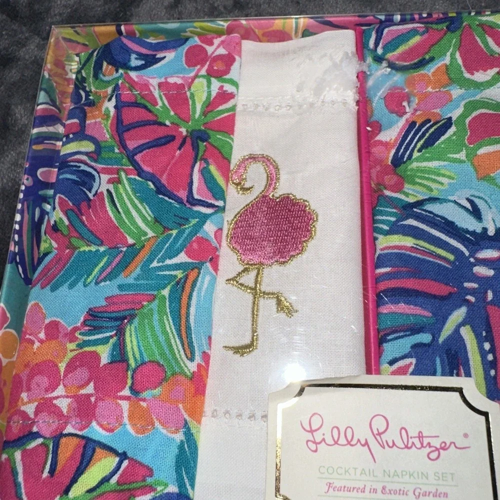 NWT LILLY PULITZER GWP Cocktail Napkin Set Seasalt Blue Fruity Flamingo Set of 4